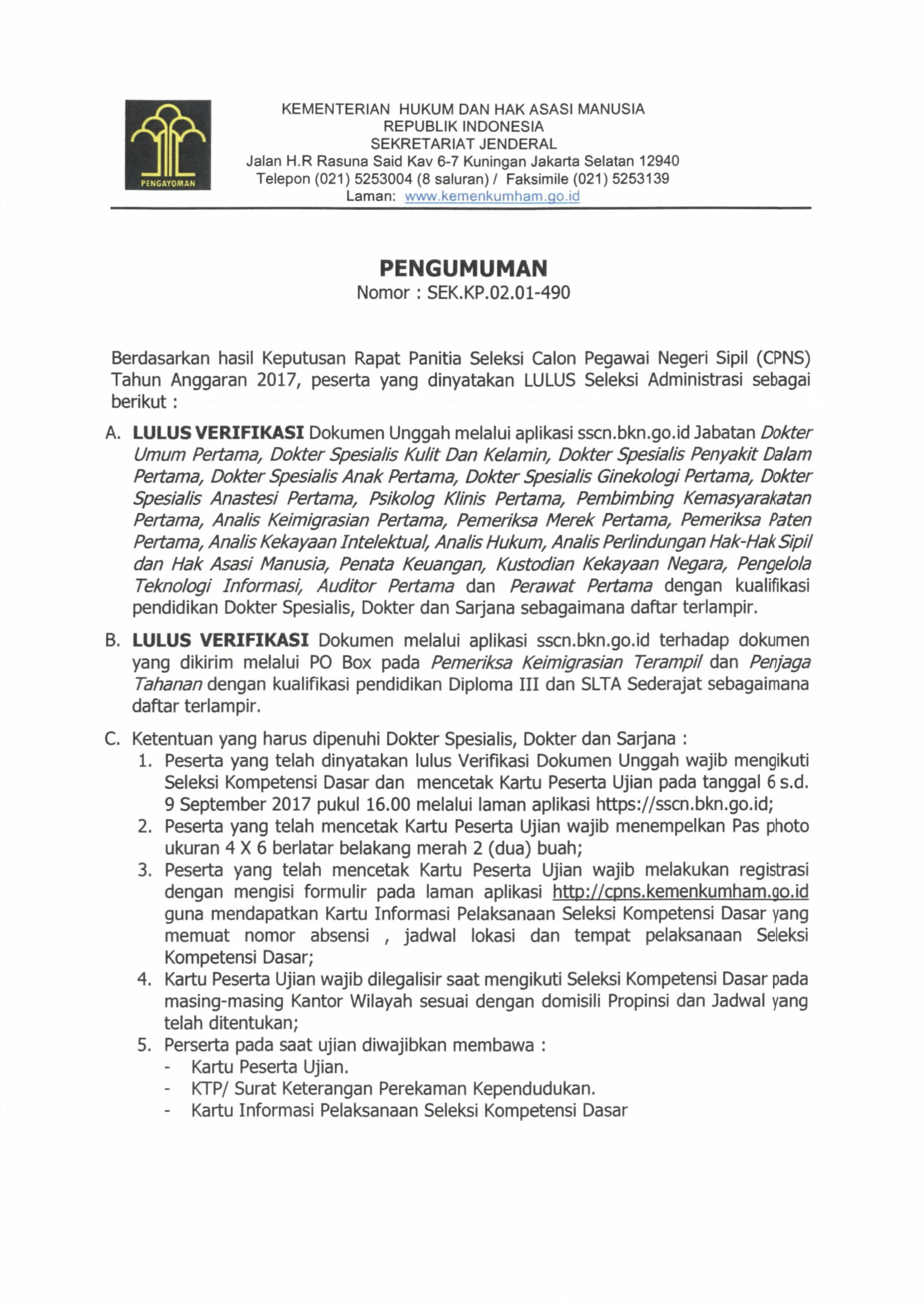 Pengumuman Seleksi Administrasi Cpns Kementerian Hukum Dan Ham 2017 Kanwil Kementerian Hukum Dan Hak Asasi Manusia Dki Jakarta